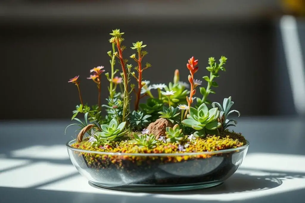 A small, meticulously designed miniature garden, showcasing an array of lush, vibrant foliage and delicate flowers. The scene is set in a shallow glass container, capturing the essence of a tranquil, self-contained ecosystem. Soft, diffused natural light filters through, casting gentle shadows and highlighting the intricate details of the miniature plants. The composition features a mix of ground cover, cascading vines, and tall, sculptural succulents, artfully arranged to create a sense of depth and visual interest. The overall mood is one of serene, understated beauty, inviting the viewer to imagine the peaceful, contemplative experience of tending to this diminutive yet captivating garden.