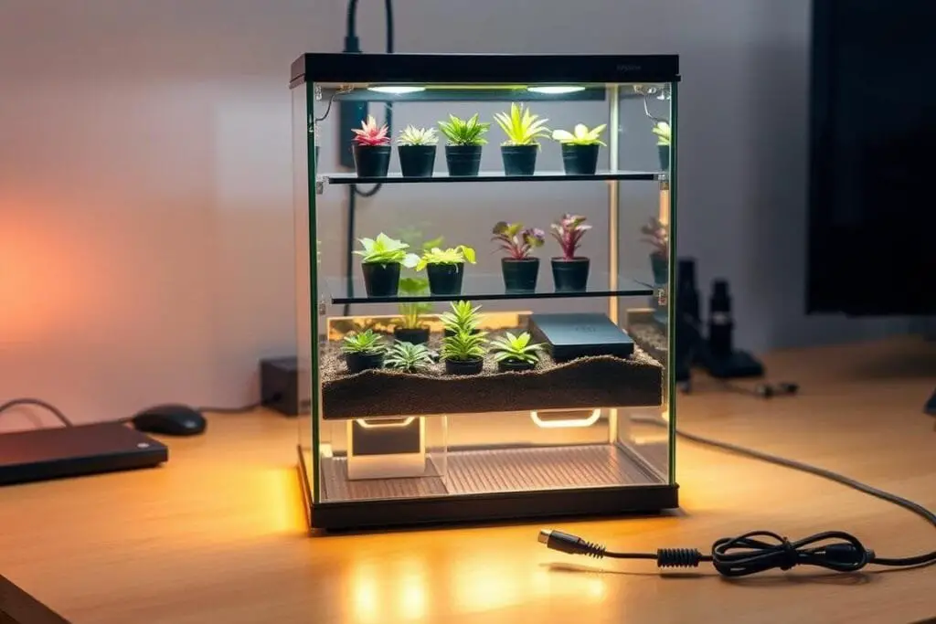 A terrarium with a variety of heating and stacking options, showcasing an elegant and efficient display. In the foreground, a glass terrarium features a tiered setup with small potted plants arranged in an eye-catching manner. Warm, ambient lighting from below illuminates the display, casting a soft glow. In the middle ground, various heating devices, such as mats and cables, are neatly integrated into the terrarium's design, providing precise temperature control. The background depicts a clean, minimal workspace, allowing the terrarium to take center stage. The overall mood is one of sophisticated organization, highlighting the versatility and customization possible for terrarium enthusiasts.
