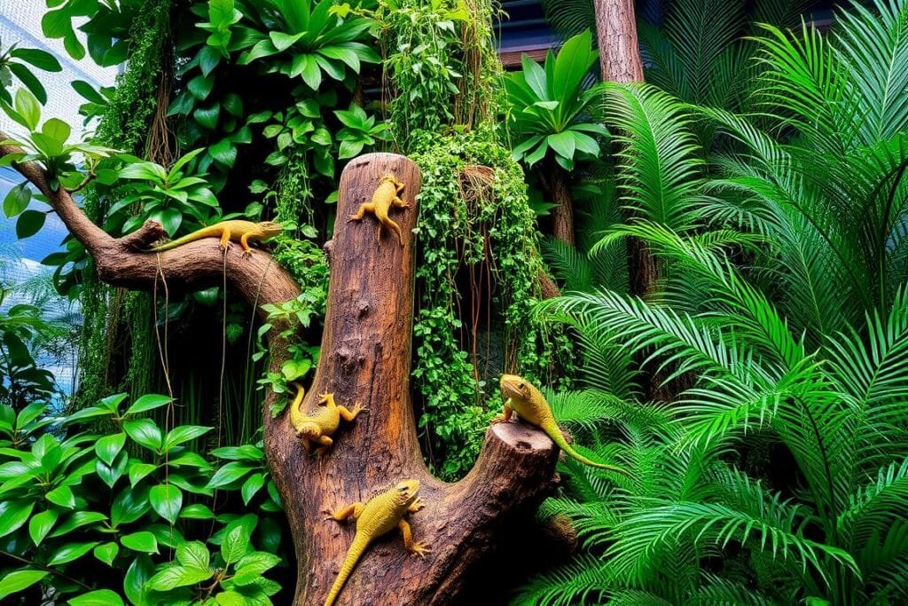 A vertical terrarium setup with lush, verdant foliage, featuring a variety of arboreal lizard habitats. In the foreground, a central log structure provides ample climbing opportunities, while the middle ground showcases cascading vines and ferns, creating a jungle-like atmosphere. The background features a mix of broad-leaved plants and tall, graceful fronds, framing the scene with a sense of depth and naturalistic beauty. The lighting is soft and diffused, accentuating the vibrant colors and textures of the plants. The camera angle is slightly elevated, allowing for an immersive, eye-level perspective that puts the viewer in the heart of the arboreal lizard's domain.
