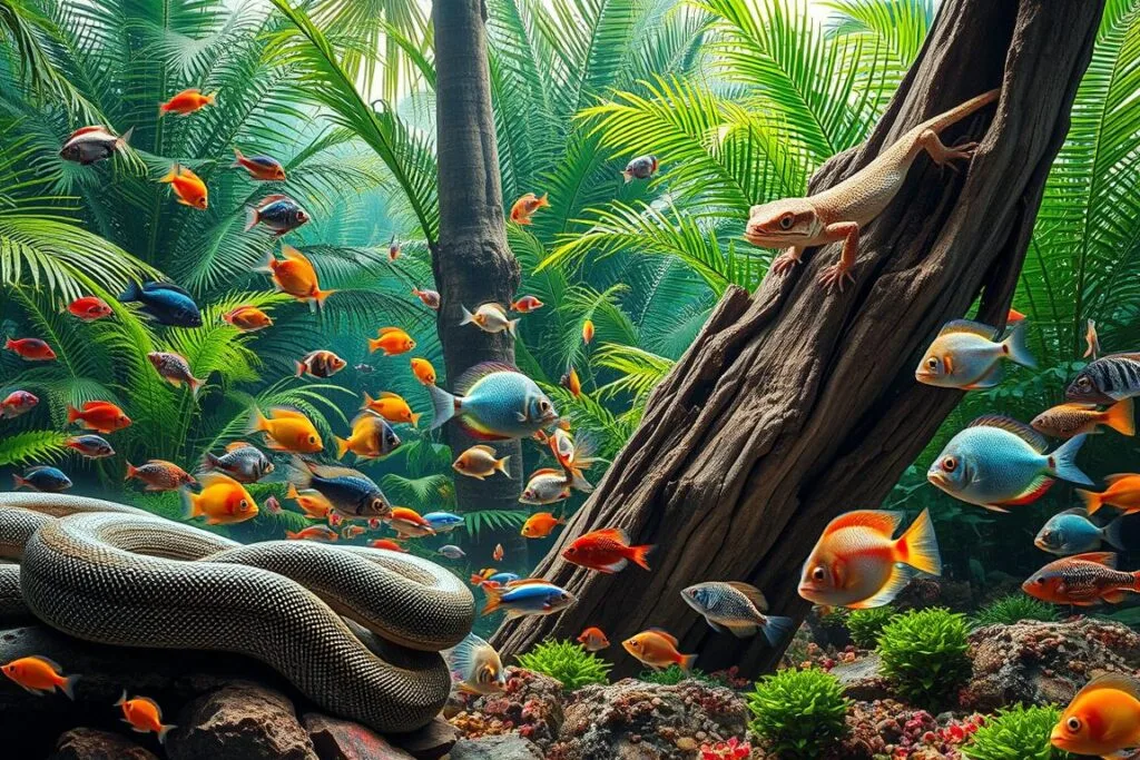 A vibrant and immersive scene showcasing a diverse array of exotic reptiles and tropical fish. In the foreground, a striking snake coils gracefully, its iridescent scales glistening under soft, natural lighting. Surrounding it, a kaleidoscope of colorful fish dart through a lush, aquatic environment, their fins fluttering and tails swishing. In the middle ground, a curious gecko clings to a weathered tree trunk, its large eyes observing the scene. Tall, verdant ferns and towering palm fronds fill the background, creating a lush, Jurassic-inspired atmosphere. The overall composition conveys a sense of wonder and enchantment, perfectly capturing the Diverse Range of Animals and Supplies to Enhance Your Celebration.