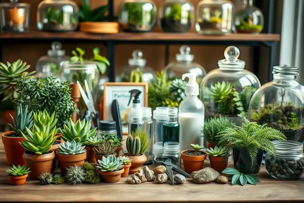 A well-curated selection of terrarium supply items arranged on a wooden surface, bathed in soft, natural lighting. In the foreground, an assortment of succulents, moss, and other lush greenery in small terracotta pots. The middle ground features a variety of tools and accessories, such as pruning shears, misting bottles, and decorative stones. In the background, an array of glass terrariums of varying shapes and sizes, their transparency allowing a glimpse of the potential habitats within. The overall composition conveys a sense of tranquility and the joy of cultivating a thriving miniature ecosystem.