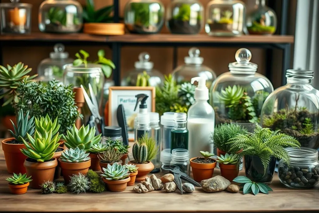 A well-curated selection of terrarium supply items arranged on a wooden surface, bathed in soft, natural lighting. In the foreground, an assortment of succulents, moss, and other lush greenery in small terracotta pots. The middle ground features a variety of tools and accessories, such as pruning shears, misting bottles, and decorative stones. In the background, an array of glass terrariums of varying shapes and sizes, their transparency allowing a glimpse of the potential habitats within. The overall composition conveys a sense of tranquility and the joy of cultivating a thriving miniature ecosystem.