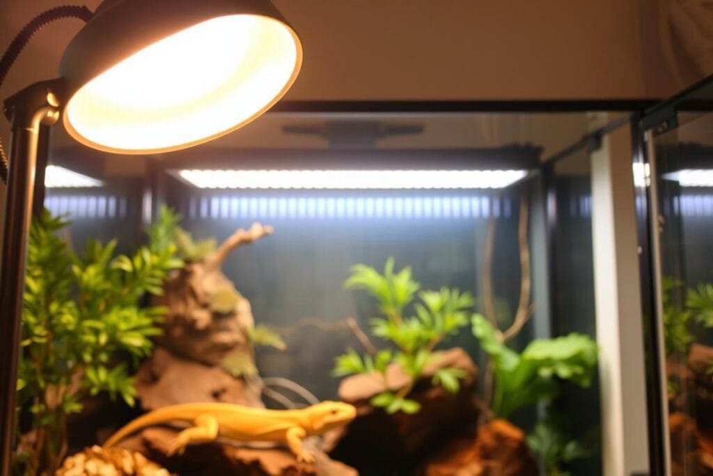 A well-lit and meticulously organized reptile habitat. In the foreground, a heat lamp casts a warm glow over the enclosure, its adjustable stand allowing for precise temperature control. In the middle ground, a UVB lamp bathes the scene in natural-looking rays, essential for the reptile's health. The background features a sleek and modern terrarium, its glass panels offering a clear view of the lush, naturalistic decor within, including strategically placed hiding spots and basking areas. The overall atmosphere conveys a sense of carefully curated balance, ensuring the reptile's optimal comfort and wellbeing.