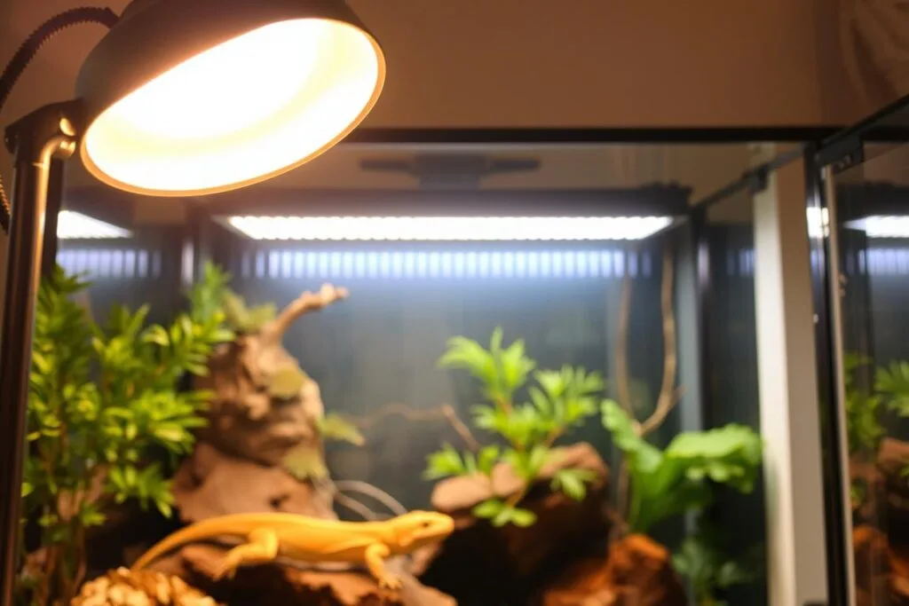 A well-lit and meticulously organized reptile habitat. In the foreground, a heat lamp casts a warm glow over the enclosure, its adjustable stand allowing for precise temperature control. In the middle ground, a UVB lamp bathes the scene in natural-looking rays, essential for the reptile's health. The background features a sleek and modern terrarium, its glass panels offering a clear view of the lush, naturalistic decor within, including strategically placed hiding spots and basking areas. The overall atmosphere conveys a sense of carefully curated balance, ensuring the reptile's optimal comfort and wellbeing.