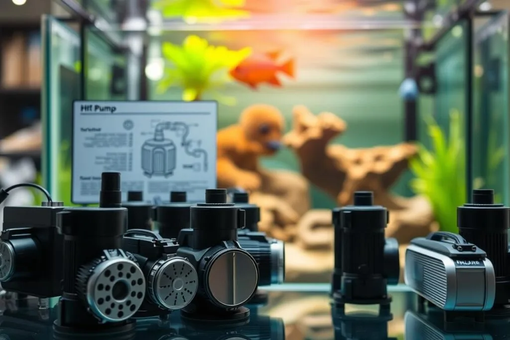 A well-lit aquarium display showcasing an assortment of high-quality aquarium pumps in the foreground. The pumps are arranged neatly, highlighting their technical features and design elements. In the middle ground, a detailed diagram or schematic illustrates the inner workings and specifications of the pumps. The background features a blurred, out-of-focus view of an aquarium setup, suggesting the practical application of the featured pumps. The overall scene conveys a sense of authority, expertise, and a deep understanding of the technical aspects of aquarium filtration systems.