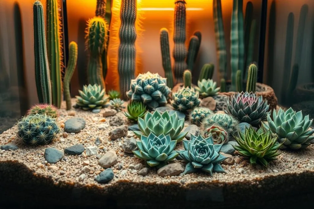 A well-lit arid bioactive terrarium, featuring a diverse array of desert-adapted succulents and cacti. In the foreground, a shallow dish filled with coarse sand and stones, mimicking a natural desert oasis. The middle ground showcases a variety of low-growing, textured succulents in shades of green, gray, and purple, arranged to create visual interest. In the background, taller barrel cacti and yucca plants rise up, casting dramatic shadows across the scene. Warm, golden lighting filters through the enclosure, creating a sense of warmth and tranquility. The overall composition suggests a thriving, self-sustaining desert ecosystem, perfectly suited for a leopard gecko's natural habitat. A well-lit arid bioactive terrarium, featuring a diverse array of desert-adapted succulents and cacti. In the foreground, a shallow dish filled with coarse sand and stones, mimicking a natural desert oasis. The middle ground showcases a variety of low-growing, textured succulents in shades of green, gray, and purple, arranged to create visual interest. In the background, taller barrel cacti and yucca plants rise up, casting dramatic shadows across the scene. Warm, golden lighting filters through the enclosure, creating a sense of warmth and tranquility. The overall composition suggests a thriving, self-sustaining desert ecosystem, perfectly suited for a leopard gecko's natural habitat.