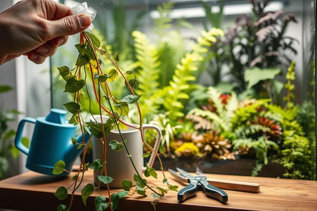 A well-lit, close-up view of a plant care routine for a Tradescantia terrarium. In the foreground, a hand gently mists the leaves of the vibrant, trailing Tradescantia stems. The middle ground features a small watering can and pruning shears resting on a wooden surface, indicating routine maintenance. In the background, a lush, verdant terrarium filled with assorted ferns and mosses creates a serene, natural ambiance. Soft, diffused lighting from an overhead source casts a warm glow, highlighting the delicate textures and vibrant hues of the plants. The overall mood is one of mindful, attentive care for this thriving indoor oasis.