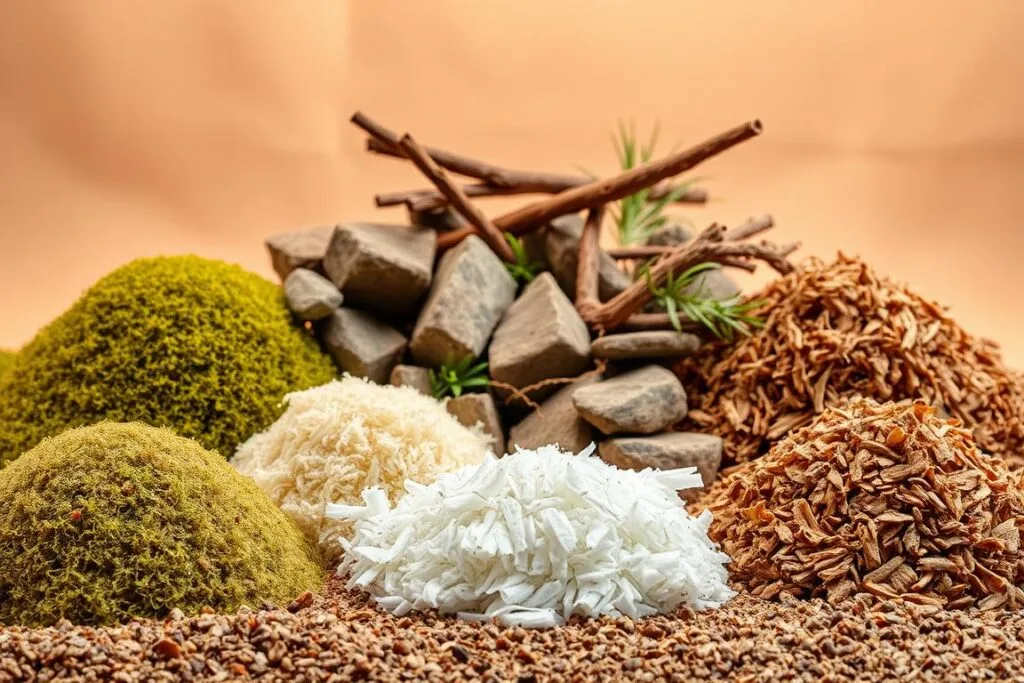 A well-lit, detailed still life showcasing various reptile substrate options. In the foreground, an assortment of natural substrates such as sphagnum moss, cypress mulch, and coconut fiber are displayed in separate piles. In the middle ground, a mixture of decorative elements like rocks, driftwood, and live plants adds visual interest and texture. The background features a neutral, softly blurred backdrop, emphasizing the focus on the substrate materials. The lighting is warm and even, casting subtle shadows to accentuate the three-dimensional qualities of the scene. The overall mood is one of natural, serene exploration, inviting the viewer to consider the optimal substrate and decor choices for a garter snake enclosure.
