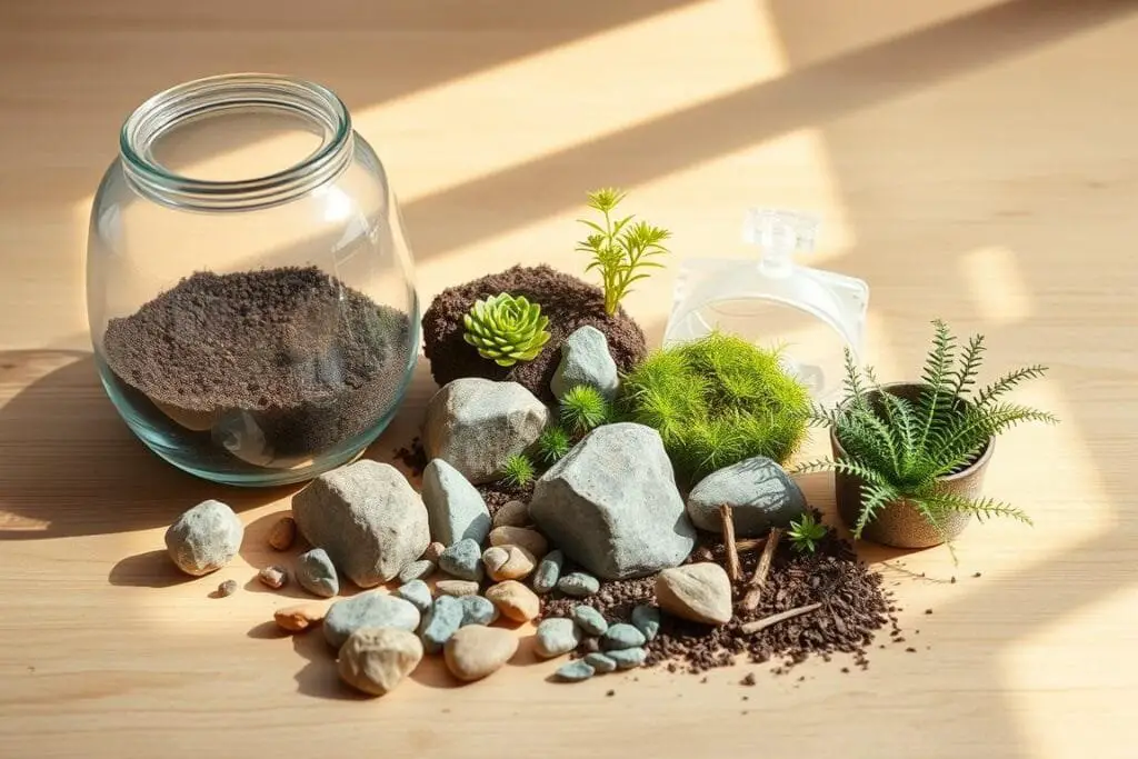 A well-lit, high-quality studio shot of a selection of terrarium materials, including a glass terrarium container, potting soil, small rocks, moss, and miniature plants such as succulents and ferns. The items are neatly arranged on a clean, wooden surface with natural lighting filtering in from the side, creating soft shadows and highlighting the textures and colors of the materials. The overall composition conveys a sense of tranquility, inviting the viewer to envision the process of creating a beautiful, self-contained miniature landscape.