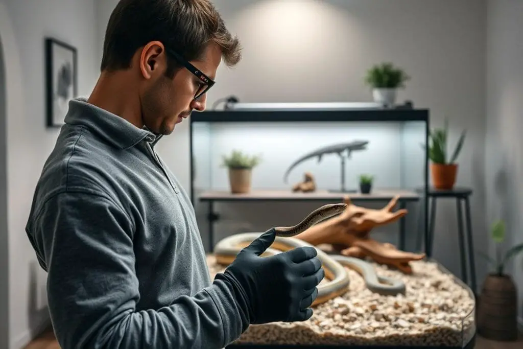 A well-lit, high-resolution image of a person carefully examining and selecting a pet snake for a small 10-gallon habitat. The subject stands in the foreground, wearing casual attire and gloves, intently studying the snake's behavior and features. The snake rests calmly on a natural substrate in the middle ground, with the background showcasing a modern, minimalist terrarium setup with appropriate decor and lighting. The overall mood is one of thoughtful consideration, as the person contemplates the best snake species for the compact enclosure size.