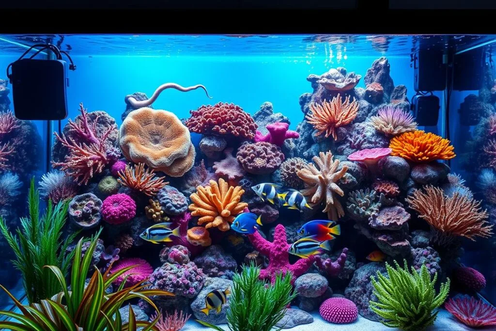 A well-lit, meticulously designed saltwater aquarium setup, featuring a vibrant coral reef ecosystem with striking colors and intricate structures. The foreground showcases an array of lush, swaying sea plants and a school of shimmering tropical fish, capturing the dynamic nature of a thriving marine habitat. The middle ground boasts a diverse collection of coral formations, their tentacles dancing under the warm glow of strategically placed LED lighting. In the background, a stunning seascape unfolds, with a sense of depth and realism conveyed through the use of a wide-angle lens and careful attention to perspective. The overall atmosphere exudes a sense of tranquility and wonder, perfectly suited for housing a captivating sea snake in its ideal aquatic environment.
