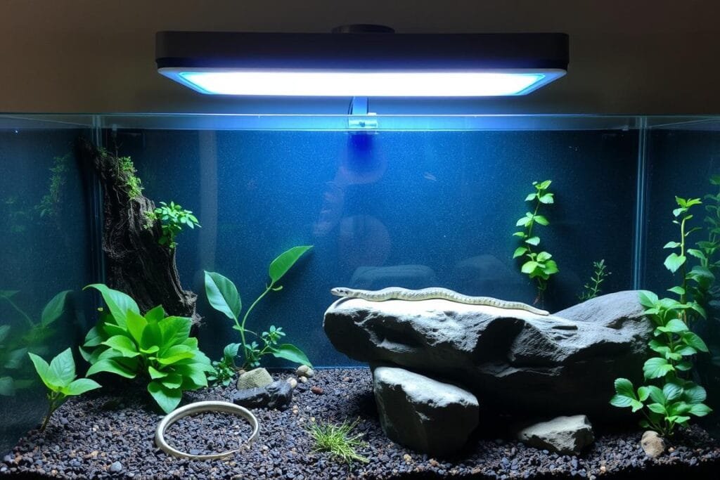 A well-lit reptile habitat with a UVB light fixture mounted above, casting an even glow across the enclosure. The setup features a natural substrate, lush foliage, and a smooth rock or log for basking. The lighting is carefully positioned to ensure optimal UVB exposure for the resident garter snake, promoting its natural behaviors and overall health. The scene conveys a sense of balance, with the lighting harmoniously integrated into the overall terrarium design. A well-lit reptile habitat with a UVB light fixture mounted above, casting an even glow across the enclosure. The setup features a natural substrate, lush foliage, and a smooth rock or log for basking. The lighting is carefully positioned to ensure optimal UVB exposure for the resident garter snake, promoting its natural behaviors and overall health. The scene conveys a sense of balance, with the lighting harmoniously integrated into the overall terrarium design.
