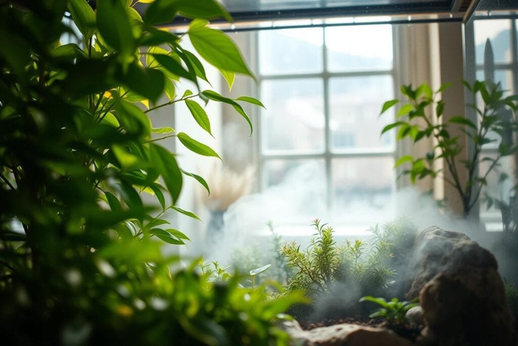 A well-lit terrarium with a delicate balance of light and moisture. In the foreground, lush green foliage gently sways under the warm glow of a soft, diffused light. The middle ground reveals a mist-like humidity that envelops the scene, creating a serene, misty atmosphere. In the background, a window casts a gentle, natural light that illuminates the entire setup, giving it a sense of tranquility and balance. The camera angle is slightly elevated, allowing the viewer to see the intricate details of the thriving, self-sustaining ecosystem. The overall mood is one of harmony, where every element works in perfect synergy to create the ideal conditions for a long-lasting, healthy terrarium.