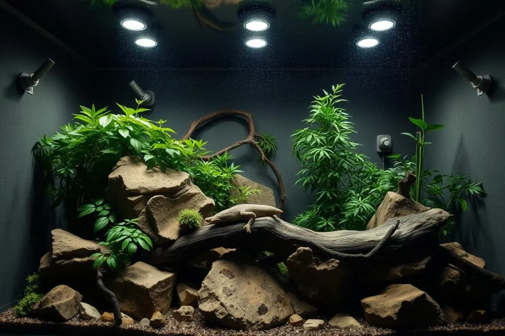 A well-lit terrarium with natural-looking rocks, branches, and lush greenery. Diffused overhead lighting creates a soft, even glow, mimicking the ambient light of a forest canopy. Mist nozzles situated along the sides maintain a comfortable humidity level, with water droplets glistening on the foliage. The enclosure is designed from a diagonal perspective, allowing a clear view of the carefully curated habitat. Muted, earthy tones predominate, creating a serene, inviting atmosphere for the resident reptile to thrive.