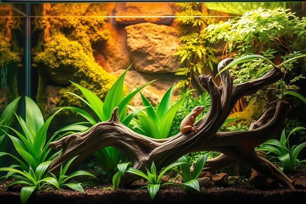 Aquarium to terrarium conversion: A lush and vibrant scene, showcasing the transformation of a glass aquarium into a thriving crested gecko habitat. In the foreground, a carefully placed driftwood structure serves as the central focal point, its intricate curves and textures creating a natural, organic feel. Vibrant, tropical plants spill over the edges, casting shadows and adding depth to the composition. The background features a seamless transition from the aquatic to the terrestrial, with a softly lit, moss-covered rock wall and verdant foliage creating a sense of depth and immersion. Warm, directional lighting casts a golden glow, enhancing the overall sense of depth and atmosphere. The overall scene conveys a sense of tranquility, balance, and the successful integration of aquatic and terrestrial elements.
