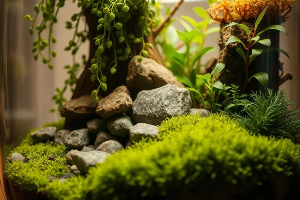 Detailed close-up of terrarium layers, meticulously crafted with natural materials. Lush moss bed in the foreground, followed by a middle layer of river rocks, and a background of verdant plants cascading down the glass walls. Warm, soft lighting illuminates the scene, casting gentle shadows and highlights the textures. The composition is balanced and visually compelling, inviting the viewer to step into this tranquil, self-sustaining ecosystem. A serene, minimalist aesthetic that captures the essence of a well-designed terrarium.