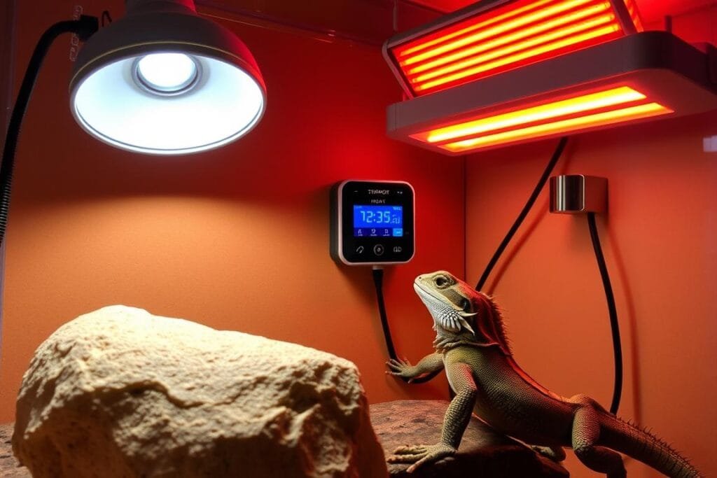 Detailed reptile heating setup featuring a well-lit, clean enclosure with diverse heating sources. In the foreground, a specialized basking lamp illuminates a large, smooth rock for the reptile to bask on. In the middle ground, a sleek, digital thermostat regulates the ambient temperature, seamlessly integrated into the enclosure design. The background showcases a wall-mounted infrared heat lamp, providing a warm glow and consistent heat distribution throughout the space. The overall setup exudes a sense of thoughtful, professional-grade reptile care, creating an optimal environment for the Eastern Water Dragon to thrive.
