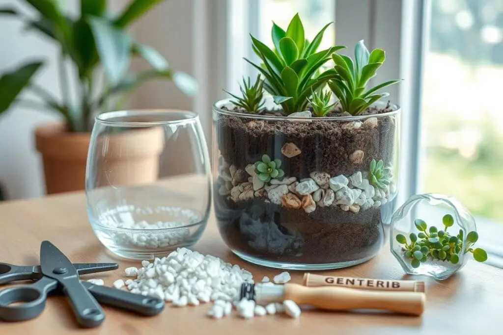 Detailed step-by-step process of terrarium construction. In the foreground, various tools and materials are neatly arranged - a glass container, potting soil, small rocks, and lush green syngonium plants. The middle ground showcases the layered assembly, with the plants carefully positioned amidst the soil and rocks. The background features a tranquil, natural setting, perhaps a window overlooking a serene garden or a soft, diffused lighting source to create an inviting, calming atmosphere. The overall image conveys a sense of order, simplicity, and the thoughtful craftsmanship involved in creating a thriving syngonium terrarium.