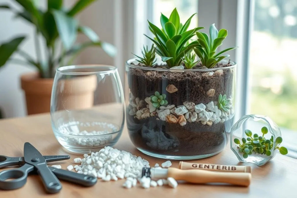 Detailed step-by-step process of terrarium construction. In the foreground, various tools and materials are neatly arranged - a glass container, potting soil, small rocks, and lush green syngonium plants. The middle ground showcases the layered assembly, with the plants carefully positioned amidst the soil and rocks. The background features a tranquil, natural setting, perhaps a window overlooking a serene garden or a soft, diffused lighting source to create an inviting, calming atmosphere. The overall image conveys a sense of order, simplicity, and the thoughtful craftsmanship involved in creating a thriving syngonium terrarium. Detailed step-by-step process of terrarium construction. In the foreground, various tools and materials are neatly arranged - a glass container, potting soil, small rocks, and lush green syngonium plants. The middle ground showcases the layered assembly, with the plants carefully positioned amidst the soil and rocks. The background features a tranquil, natural setting, perhaps a window overlooking a serene garden or a soft, diffused lighting source to create an inviting, calming atmosphere. The overall image conveys a sense of order, simplicity, and the thoughtful craftsmanship involved in creating a thriving syngonium terrarium.