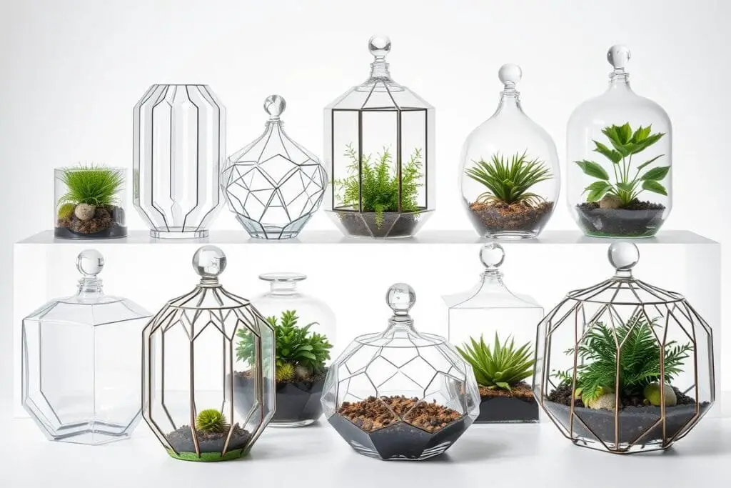 High-quality glass terrariums with intricate designs, set against a clean, minimalist background. Showcase different styles, from sleek geometric shapes to organic, natural-inspired forms. Capture the terrariums in soft, diffused lighting that highlights the transparency and prismatic effects of the glass. Include a variety of sizes and shapes to illustrate the range of options available. Emphasize the versatility and aesthetic appeal of these terrarium containers, conveying a sense of sophistication and attention to detail that would be suitable for a premium home decor or gardening product feature.