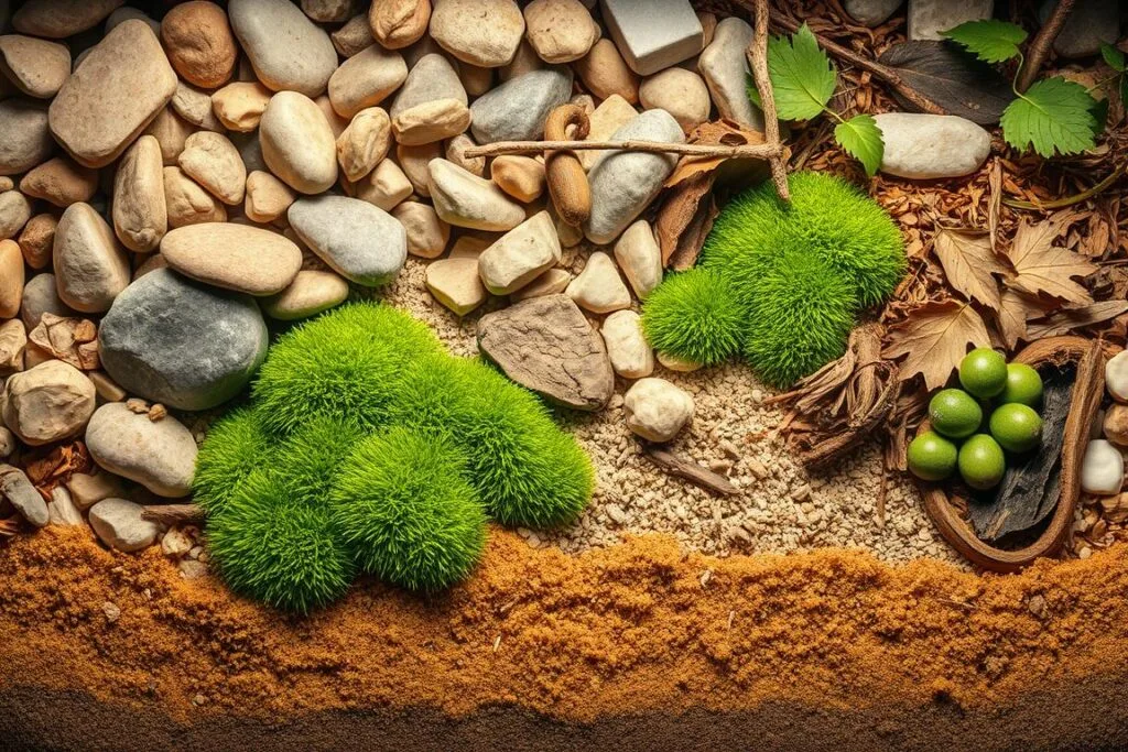 Intricate arrangement of natural substrate materials for a reptile enclosure. Layers of smooth river rocks, coarse sand, and shredded bark mulch create a textured, earthy base. Soft green moss patches add pops of verdant color, while dried leaves and twigs provide visual interest. Warm, diffused lighting casts a soothing, naturalistic glow, highlighting the tactile qualities of the diverse substrates. The overall composition reflects the ideal environment for a thriving bioactive habitat, suitable for a corn snake to burrow, explore, and thrive.