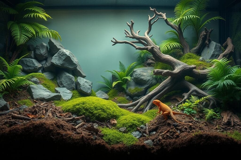 Lush, multilayered terrarium substrate for a thriving gecko habitat. In the foreground, mounds of nutrient-rich soil, bark, and moss create a naturalistic forest floor. Midground features cascading rocks, gnarled driftwood, and verdant ferns, providing ample basking spots and hiding places. The background depicts a serene, atmospheric landscape with subtle lighting, hazy shadows, and a sense of depth, transporting the viewer to a meticulously crafted, inviting reptile enclosure. Rendered in a hyper-realistic, high-definition style that captures the textures, colors, and details of a meticulously designed gecko paludarium.