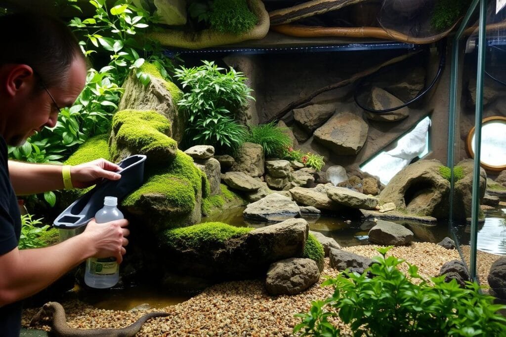 Reptile habitat maintenance: a well-lit terrarium with lush foliage, mossy rocks, and a shallow water feature. In the foreground, a lizard keeper carefully cleans and rearranges the enclosure, ensuring optimal temperature, humidity, and air circulation. The middleground showcases a variety of natural substrates, hiding spots, and enrichment elements tailored to the needs of a Chinese cave gecko. The background depicts a tranquil cave-like setting, with gentle lighting filtering through cracks in the rock formations. The overall mood is one of meticulous care and attention to detail, creating a thriving, naturalistic environment for the captive reptile.