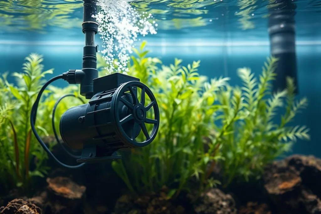 Underwater aquatic habitat with intricate filtration system. In the foreground, a submerged mechanical filter pump gently circulates water, its impeller blades spinning with precision. The middle ground showcases a lush aquatic plant life, their delicate fronds swaying in the current. In the background, a well-oxygenated aquarium backdrop with soft natural lighting, creating a serene and calming atmosphere. Realistic aquatic textures, high-definition details, and a harmonious color palette blend together to depict a functional, yet aesthetically pleasing aquatic habitat filtration system.