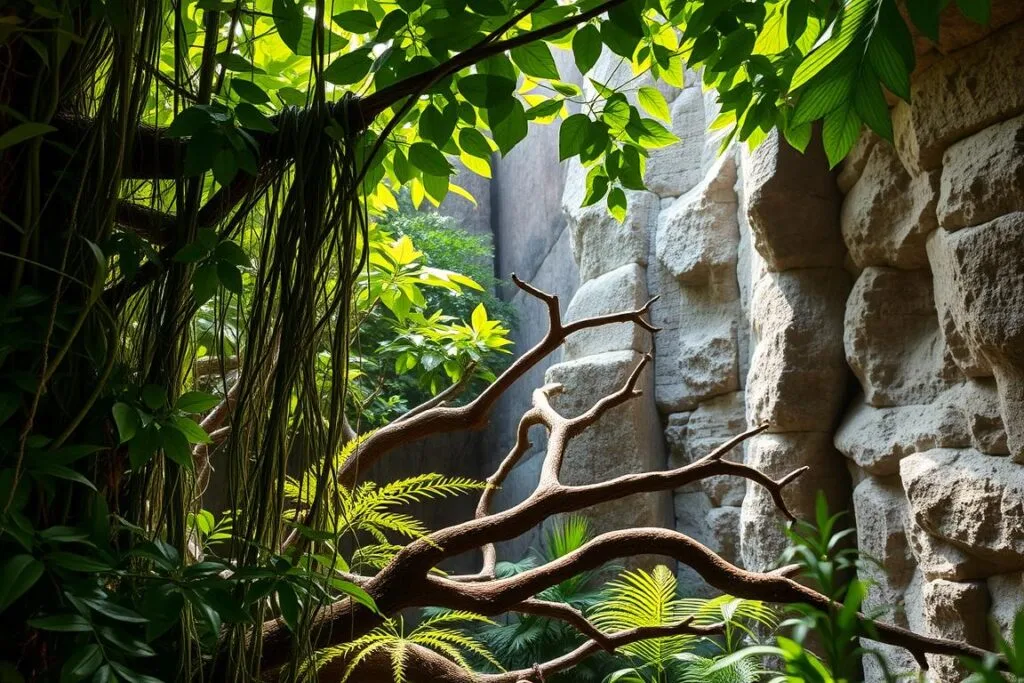 Vertical reptile habitat design, a lush terrarium showcasing a crested gecko's natural environment. In the foreground, a dense jungle canopy of vibrant green foliage and cascading vines, creating a sense of depth and enclosure. The middle ground features a series of intricate branches and textured bark, offering ample climbing and basking opportunities. Sunlight filters through the verdant leaves, casting warm, dappled illumination throughout the scene. In the background, a towering rock wall with crevices and cracks, mimicking the gecko's native terrain. The overall atmosphere exudes a tranquil, tropical ambiance, perfectly suited for the graceful crested gecko to thrive.