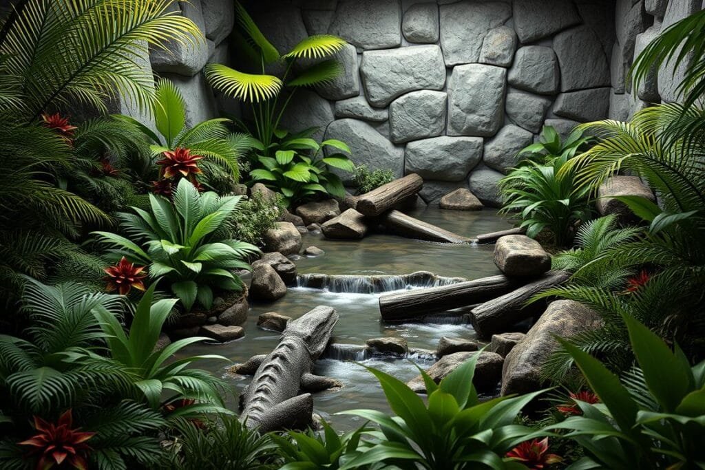 a detailed, photorealistic 3D render of an Australian water dragon enclosure, with a functional and enriching habitat. the foreground features lush, tropical vegetation such as ferns, bromeliads, and palm fronds, creating a dense, jungle-like environment. the middle ground showcases a shallow, rocky stream with flowing water and partially submerged logs, providing a natural water source and basking areas for the reptile. the background depicts a realistic stone wall backdrop, with cracks and weathered textures, suggesting a natural cave or rocky outcrop setting. the lighting is soft and diffused, creating a warm, natural ambiance that highlights the vivid colors and textures of the habitat. the overall scene conveys a sense of balance, complexity, and attention to the specific needs of the Australian water dragon species.