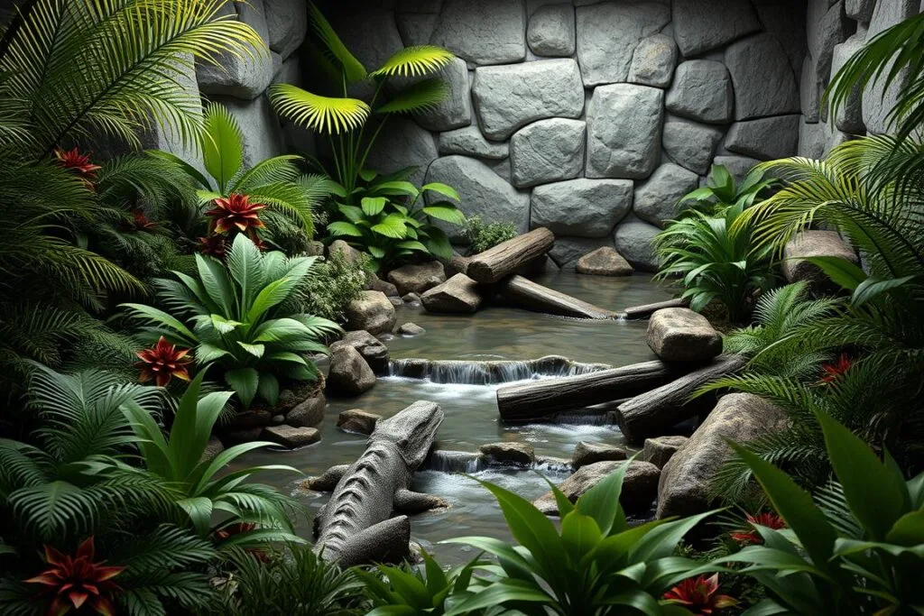 a detailed, photorealistic 3D render of an Australian water dragon enclosure, with a functional and enriching habitat. the foreground features lush, tropical vegetation such as ferns, bromeliads, and palm fronds, creating a dense, jungle-like environment. the middle ground showcases a shallow, rocky stream with flowing water and partially submerged logs, providing a natural water source and basking areas for the reptile. the background depicts a realistic stone wall backdrop, with cracks and weathered textures, suggesting a natural cave or rocky outcrop setting. the lighting is soft and diffused, creating a warm, natural ambiance that highlights the vivid colors and textures of the habitat. the overall scene conveys a sense of balance, complexity, and attention to the specific needs of the Australian water dragon species.