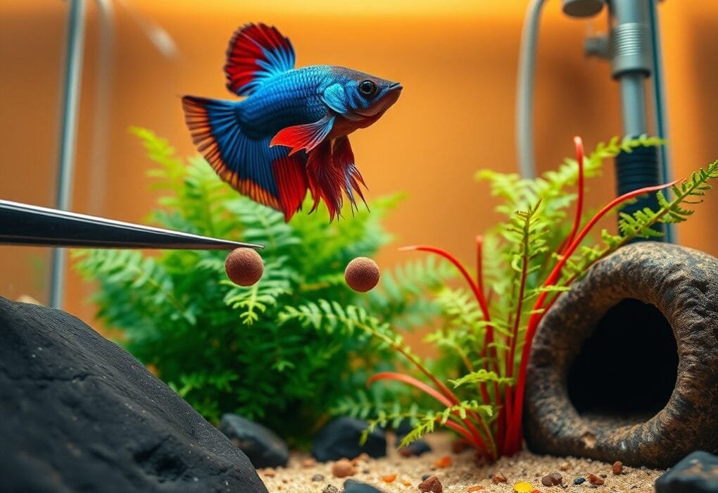 A vibrant betta fighter fish hovers mid-feed, its colorful fins splayed, as a pellet is held by a stainless-steel tweezer.
