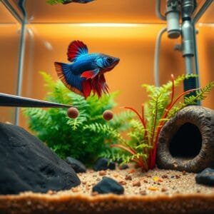 A vibrant betta fighter fish hovers mid-feed, its colorful fins splayed, as a pellet is held by a stainless-steel tweezer.
