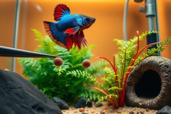 A vibrant betta fighter fish hovers mid-feed, its colorful fins splayed, as a pellet is held by a stainless-steel tweezer.