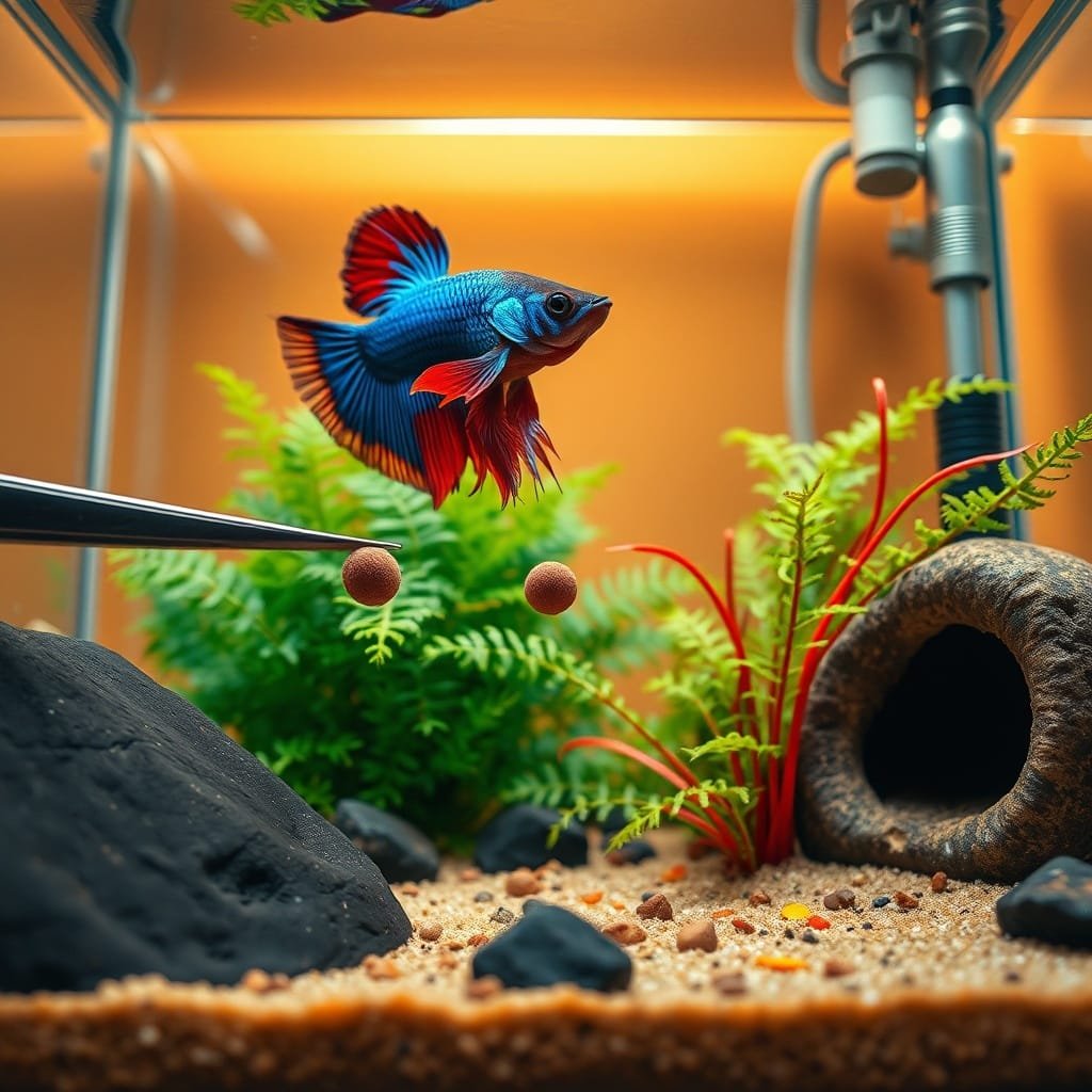 A vibrant betta fighter fish hovers mid-feed, its colorful fins splayed, as a pellet is held by a stainless-steel tweezer.