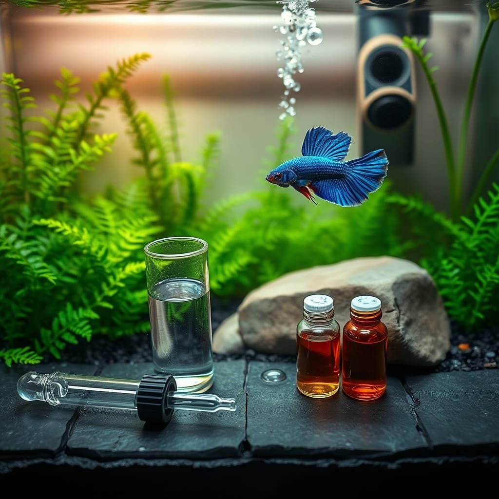 Cobalt male betta fighter fish hovers near the surface amid lush plants, glass vials, and warm ambient lighting.