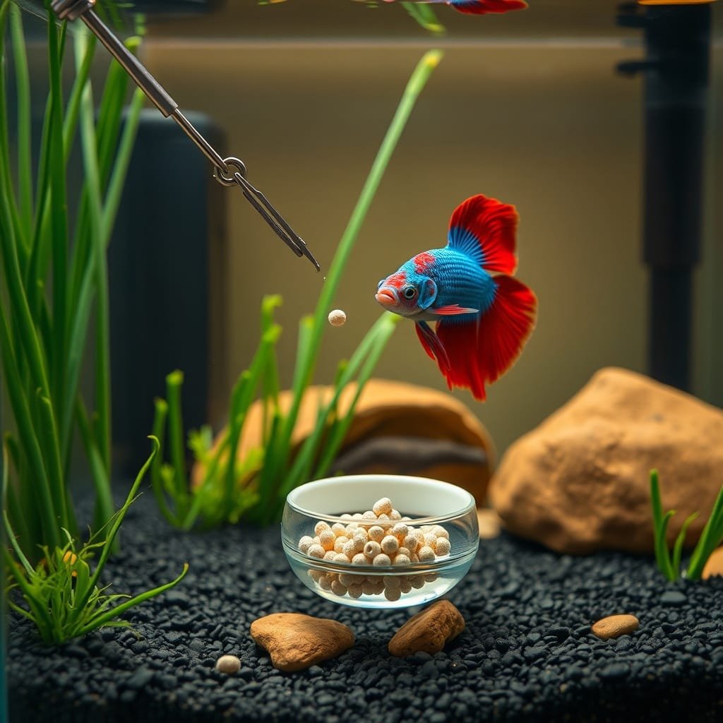 A vibrant betta fighter fish nuzzles a pellet held by tweezers, surrounded by lush plants and warm tank light.