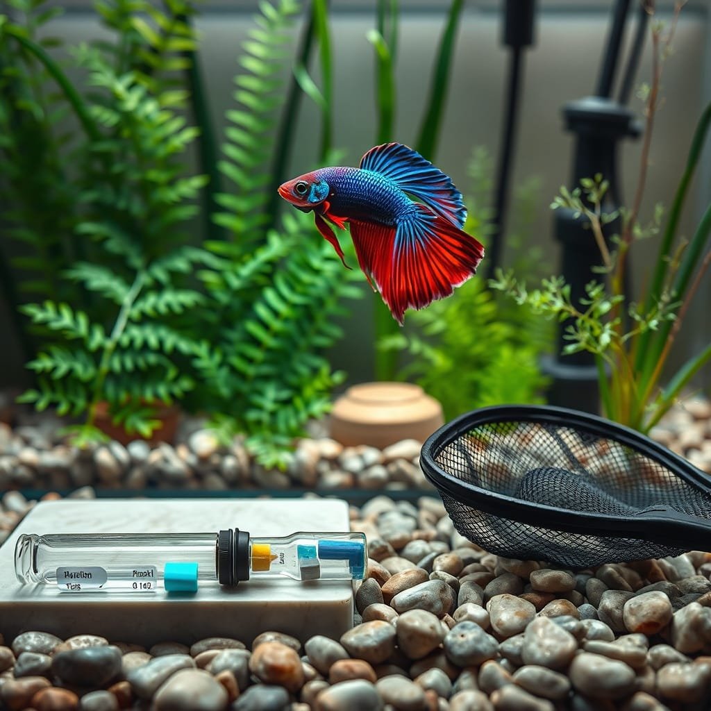 A cobalt-and-crimson betta fighter fish inspects care tools amid lush plants, with a warm, soft-lit aquarium backdrop.