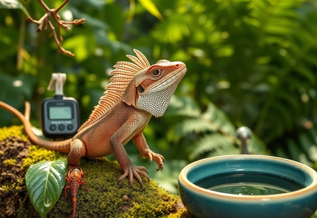 Lizard frilled dragon on a mossy branch, surrounded by dew, leaves, and habitat-care elements in a serene tropical setting.