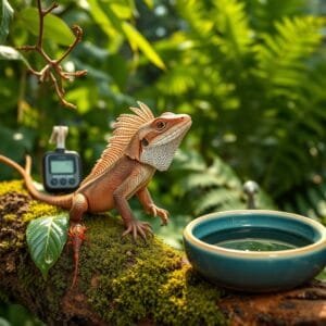 Lizard frilled dragon on a mossy branch, surrounded by dew, leaves, and habitat-care elements in a serene tropical setting.
