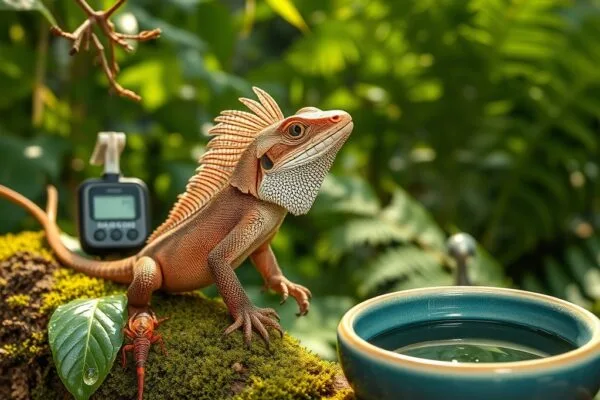 Lizard frilled dragon on a mossy branch, surrounded by dew, leaves, and habitat-care elements in a serene tropical setting.