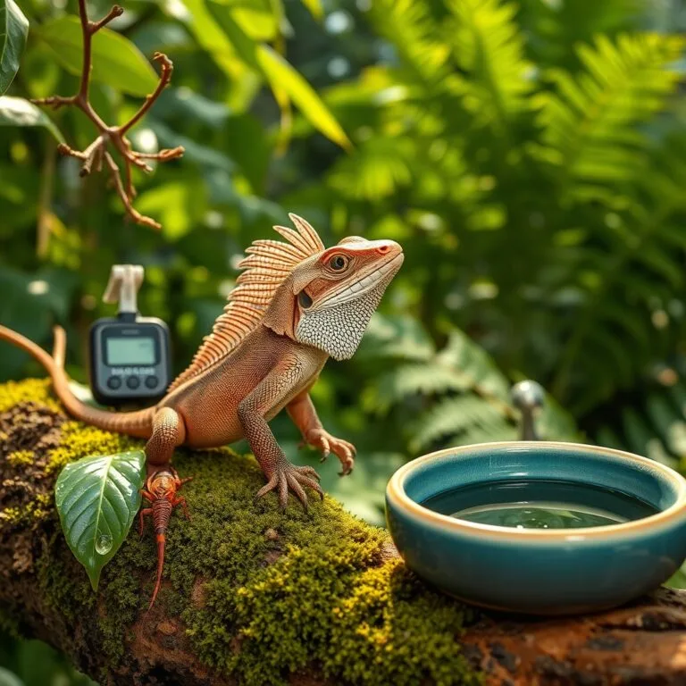 Lizard frilled dragon on a mossy branch, surrounded by dew, leaves, and habitat-care elements in a serene tropical setting.