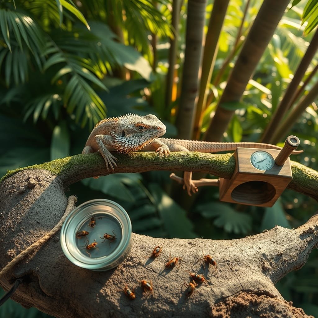 Lizard frilled dragon on a mossy branch reaches for crickets, surrounded by tropical foliage and warm sunlight.
