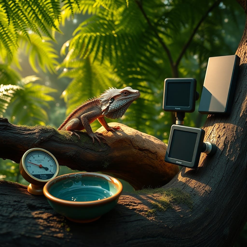 Lizard frilled dragon perched on a branch, basking in sunlight beside water and food bowls, surrounded by lush greenery.