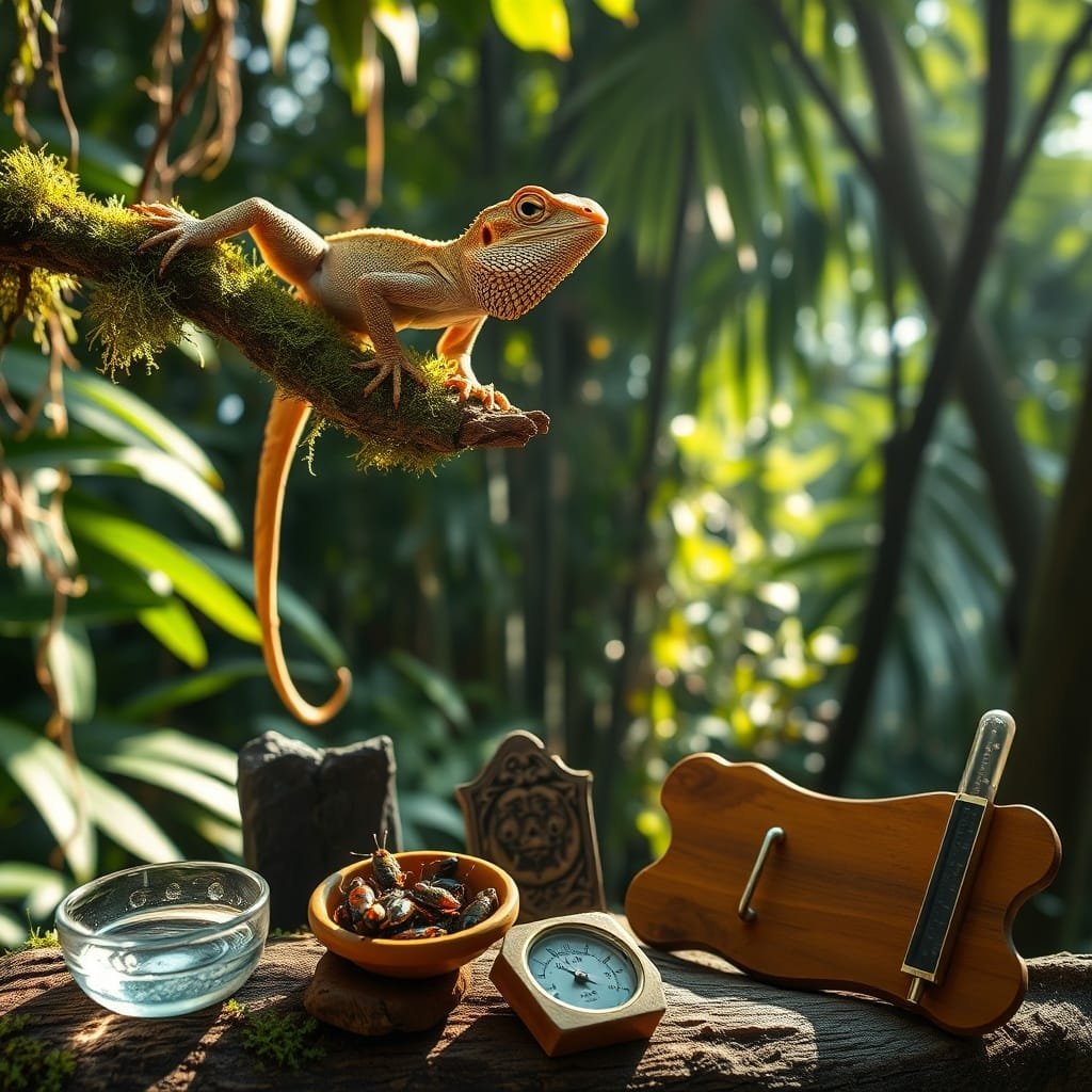 A lizard frilled dragon perches on a mossy branch, surrounded by care items, basking in warm dappled sunlight.