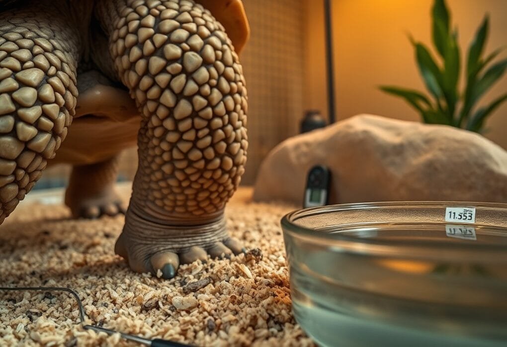 Close-up of an African spurred tortoise stepping onto coconut coir, with basking rock and water dish nearby, warm lighting.