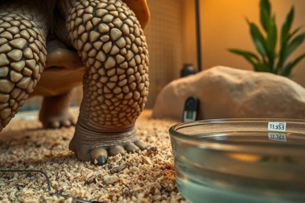 Close-up of an African spurred tortoise stepping onto coconut coir, with basking rock and water dish nearby, warm lighting.
