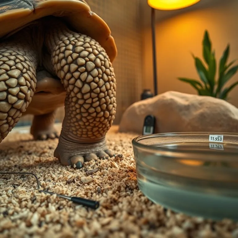 Close-up of an African spurred tortoise stepping onto coconut coir, with basking rock and water dish nearby, warm lighting.