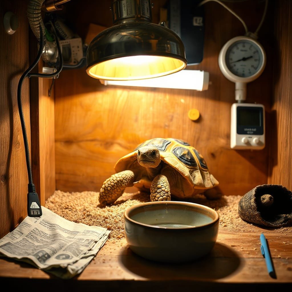African spurred tortoise in a cramped enclosure, with neglect evident in substrate and equipment, highlighting poor care.