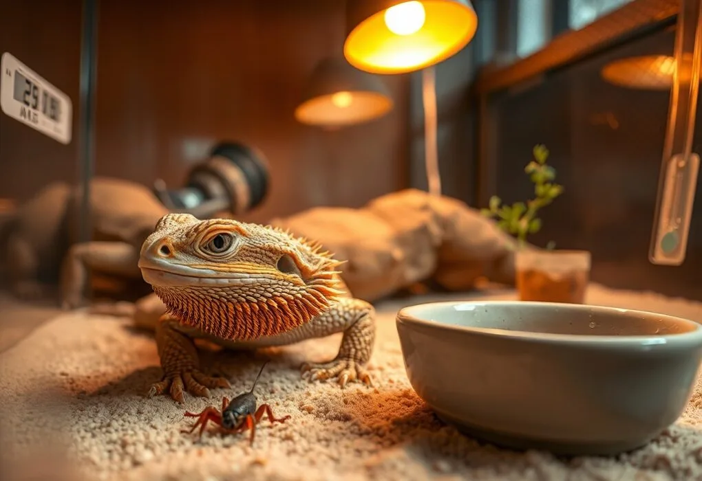 Bearded dragon looking after a bearded dragon, poised on sand, eyeing a cricket near a ceramic dish in a cozy terrarium.